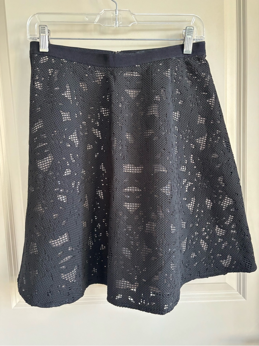 Ann Taylor Black Lace A-Line Skirt with Sheer Floral Overlay